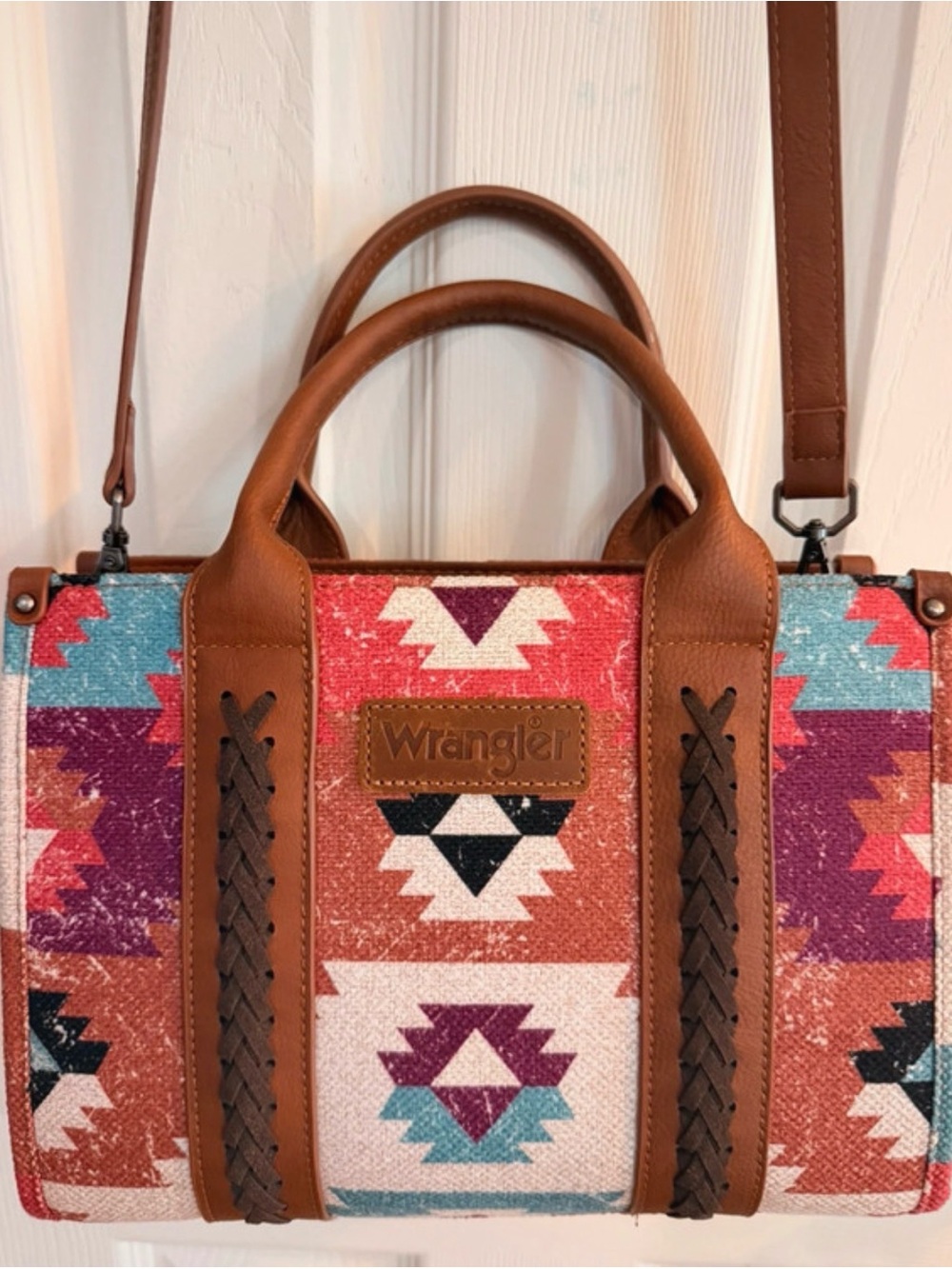 Wrangler Coral Multi Southwestern Satchel with Brown Leather Accents